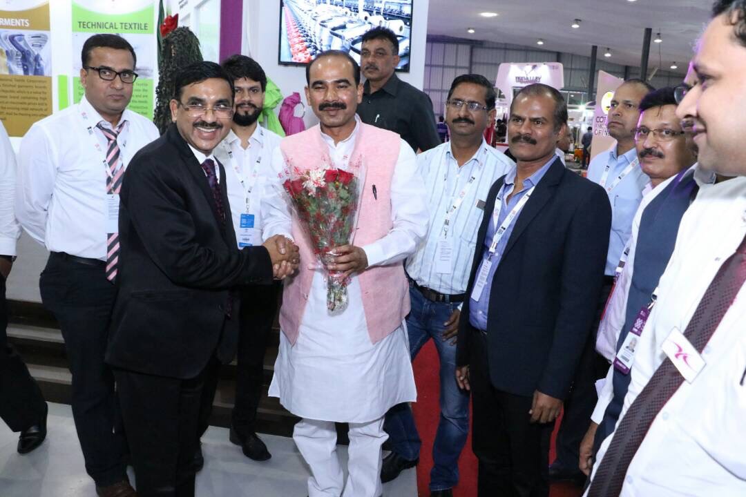 Shri P. C. Vaish Chairman and Managing Director, NTCL and NTCL officials are welcoming the Honourable State Minister Shri Ajay Tamta, Ministry Of Textile, GOI in the NTC stall during Mega Event Textiles India 2017.